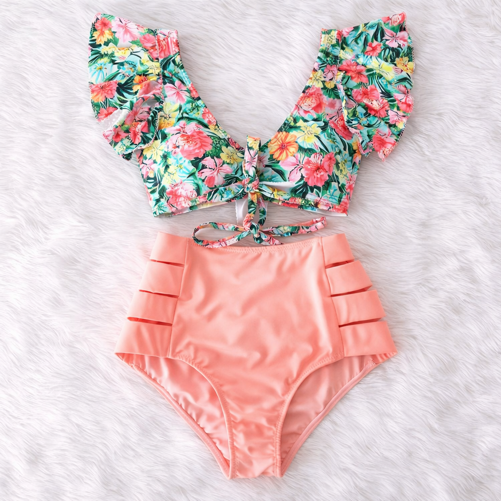 Cross-BorderRuffle Bikini High Waist Swimsuit