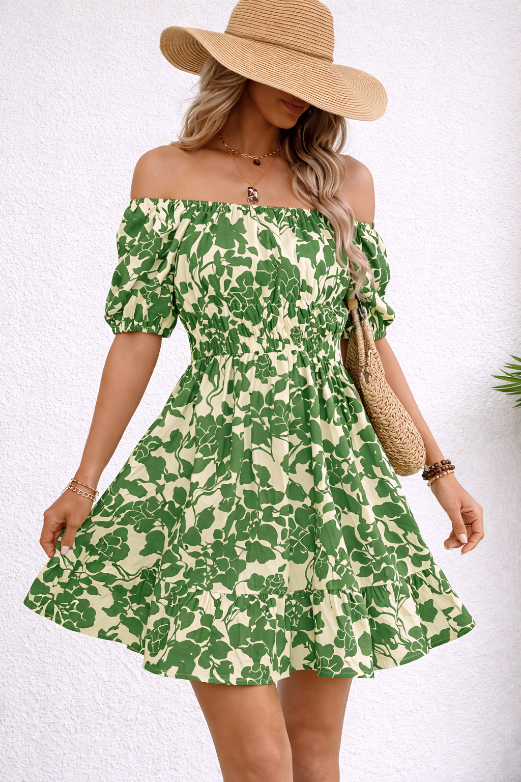 Floral Off-Shoulder Pleated Dress