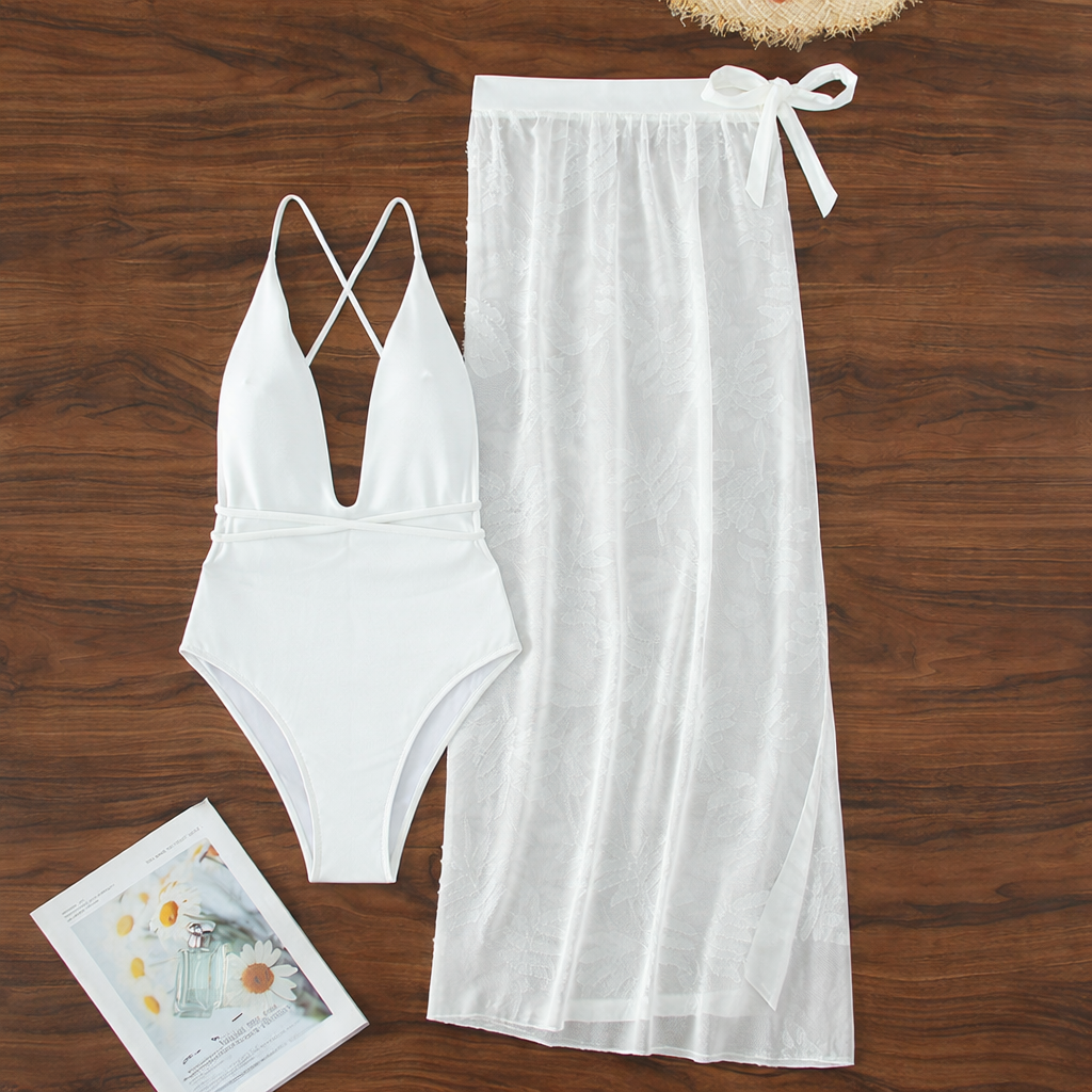 One-Piece Swimsuit with Skirt – Elegant Backless Swimwear