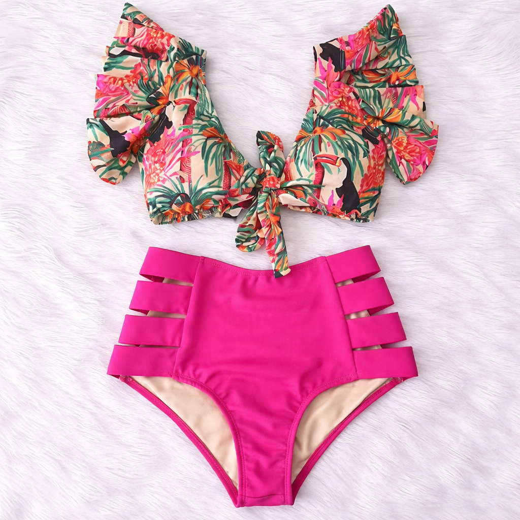 Cross-BorderRuffle Bikini High Waist Swimsuit